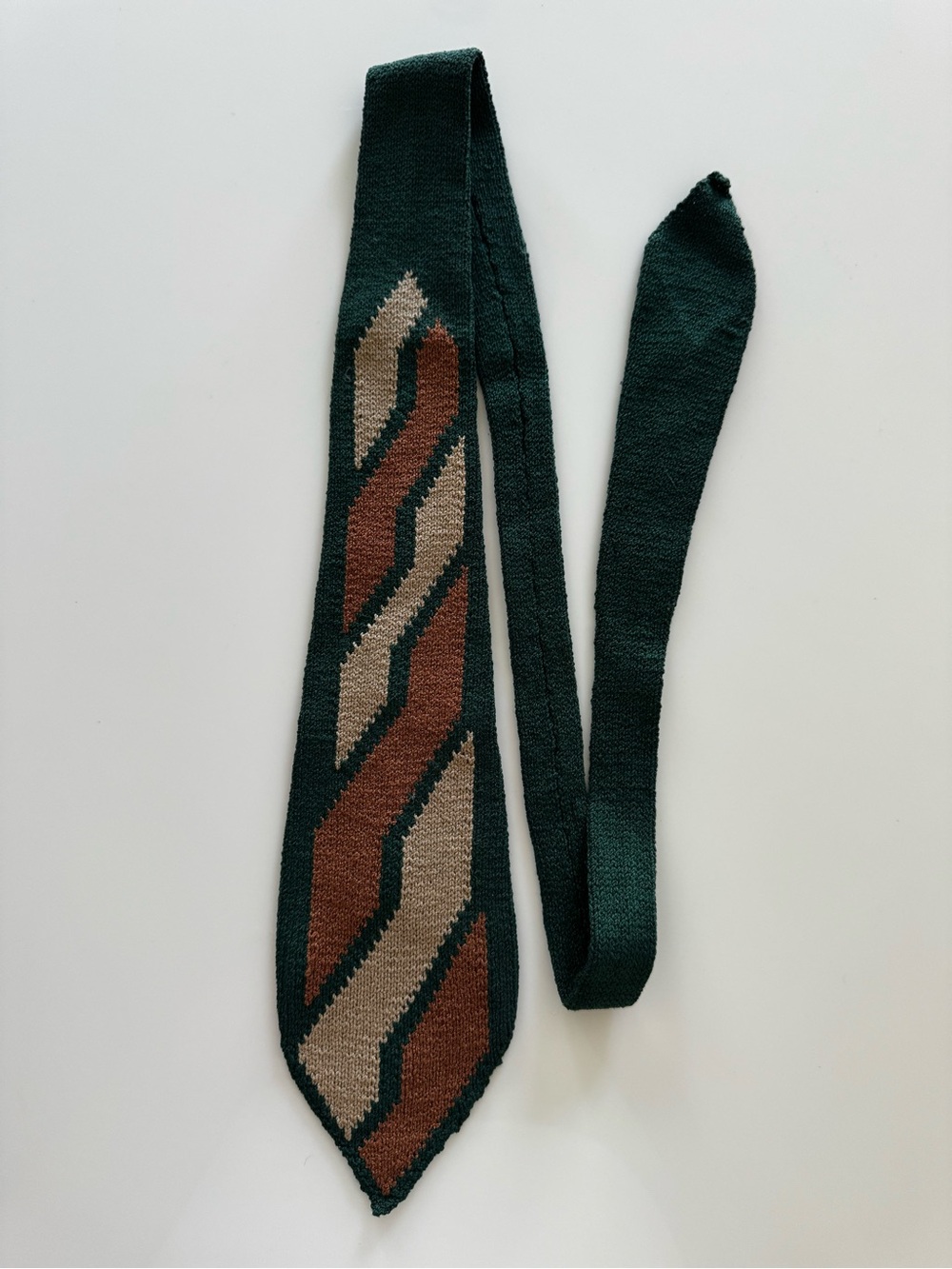 Vintage 1960s Mod Knit Tie Square Bottom Green Tan Brown Diagonal Stripe